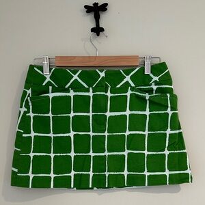 Trina Turk Green and White Grid Mini Skirt, zip front w/ pockets